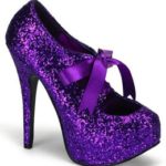 Deep purple glitter platform, closed toes, 6" heel, purple satin bow tied at front of ankle