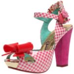 pink gingham open toed sandals with red bow over toe and pink chunky 4" heels