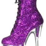 purple glitter ankle boot with 4" clear platform and heel