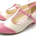 low heeled pink and white shoes with strap